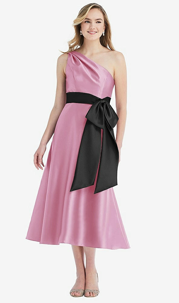 Front View - Powder Pink & Black One-Shoulder Bow-Waist Midi Dress with Pockets