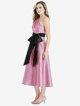 Side View Thumbnail - Powder Pink & Black One-Shoulder Bow-Waist Midi Dress with Pockets