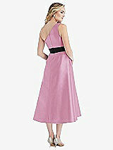 Rear View Thumbnail - Powder Pink & Black One-Shoulder Bow-Waist Midi Dress with Pockets