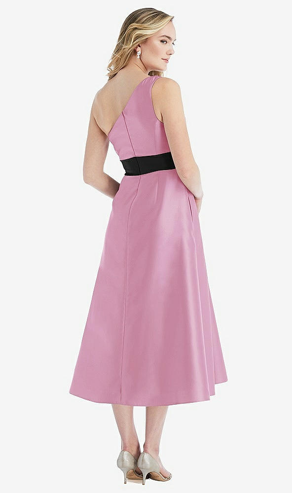 Back View - Powder Pink & Black One-Shoulder Bow-Waist Midi Dress with Pockets