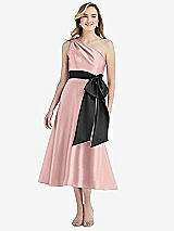 Front View Thumbnail - Rose - PANTONE Rose Quartz & Black One-Shoulder Bow-Waist Midi Dress with Pockets