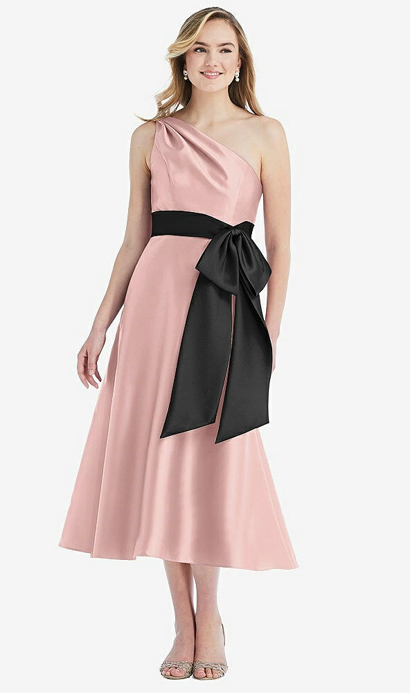Front View - Rose - PANTONE Rose Quartz & Black One-Shoulder Bow-Waist Midi Dress with Pockets