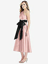 Side View Thumbnail - Rose - PANTONE Rose Quartz & Black One-Shoulder Bow-Waist Midi Dress with Pockets
