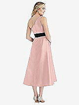 Rear View Thumbnail - Rose - PANTONE Rose Quartz & Black One-Shoulder Bow-Waist Midi Dress with Pockets