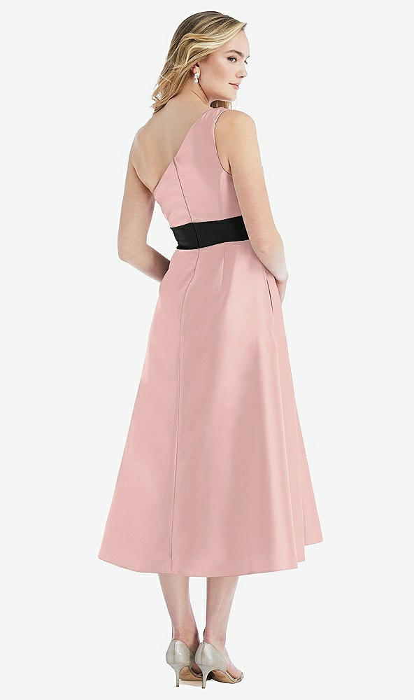 Back View - Rose - PANTONE Rose Quartz & Black One-Shoulder Bow-Waist Midi Dress with Pockets