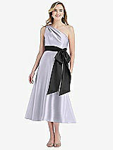 Front View Thumbnail - Silver Dove & Black One-Shoulder Bow-Waist Midi Dress with Pockets
