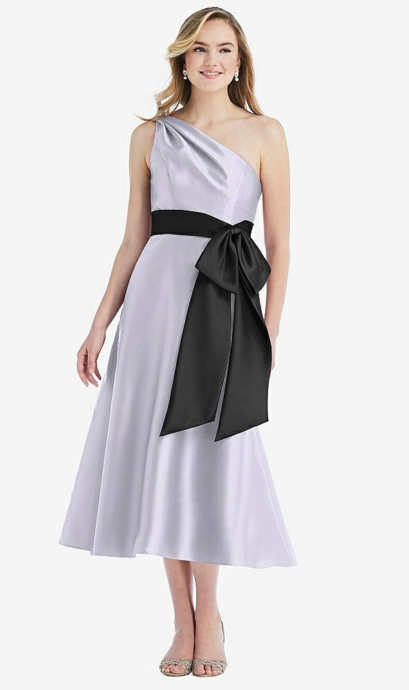 Front View - Silver Dove & Black One-Shoulder Bow-Waist Midi Dress with Pockets