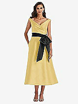 Front View Thumbnail - Maize & Black Off-the-Shoulder Bow-Waist Midi Dress with Pockets