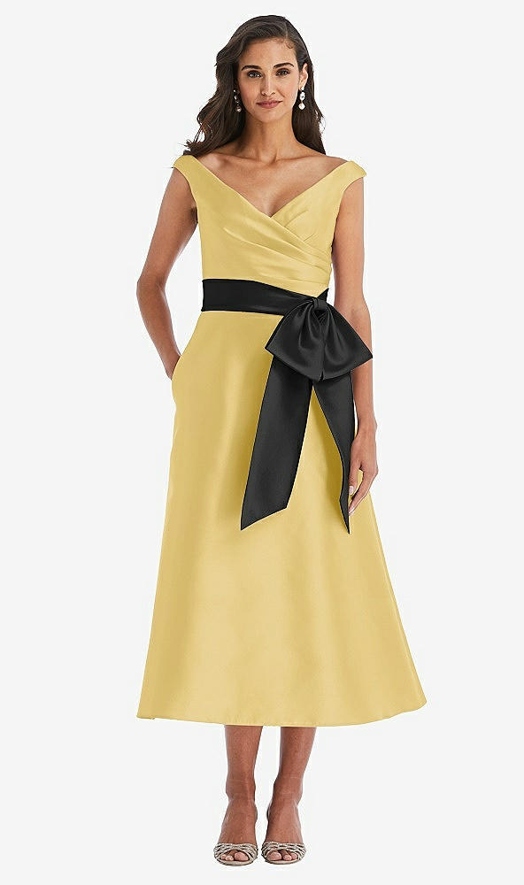 Front View - Maize & Black Off-the-Shoulder Bow-Waist Midi Dress with Pockets