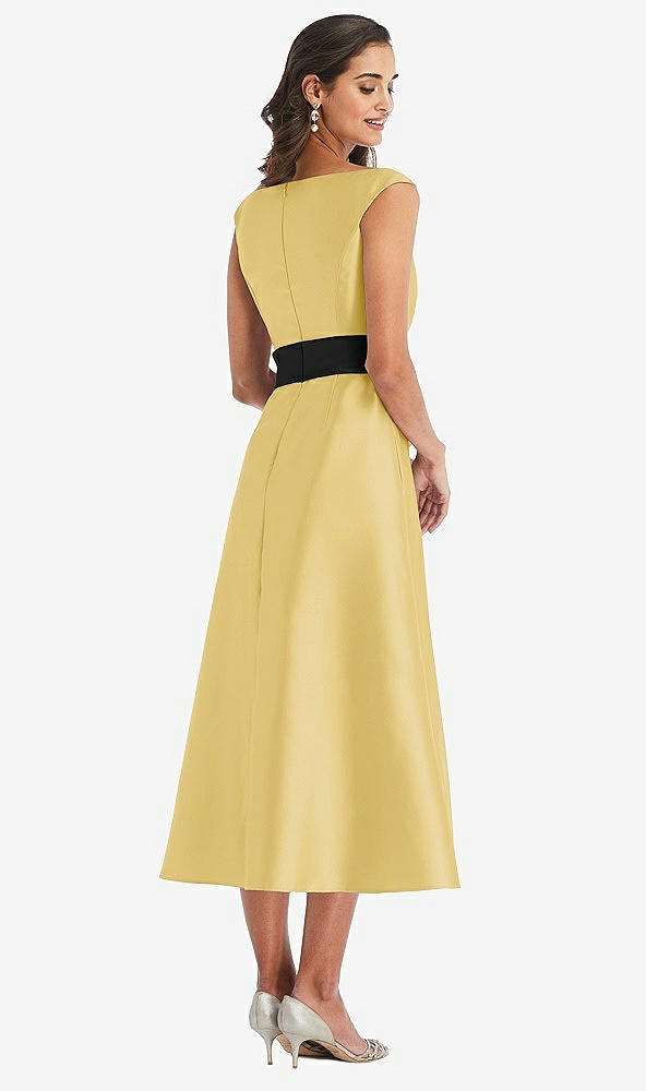 Back View - Maize & Black Off-the-Shoulder Bow-Waist Midi Dress with Pockets
