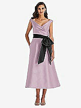 Front View Thumbnail - Suede Rose & Black Off-the-Shoulder Bow-Waist Midi Dress with Pockets