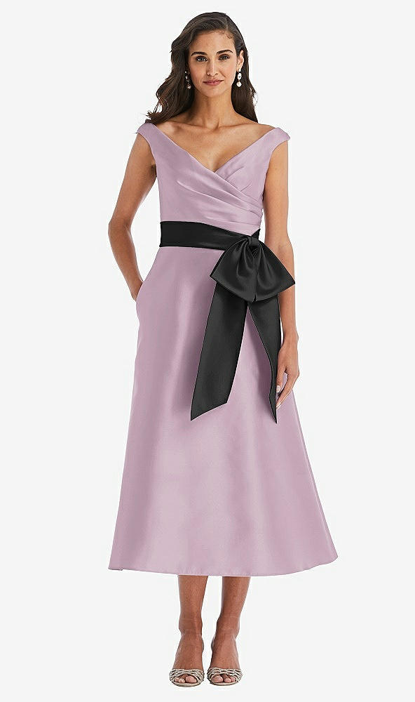 Front View - Suede Rose & Black Off-the-Shoulder Bow-Waist Midi Dress with Pockets