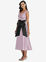 Side View Thumbnail - Suede Rose & Black Off-the-Shoulder Bow-Waist Midi Dress with Pockets