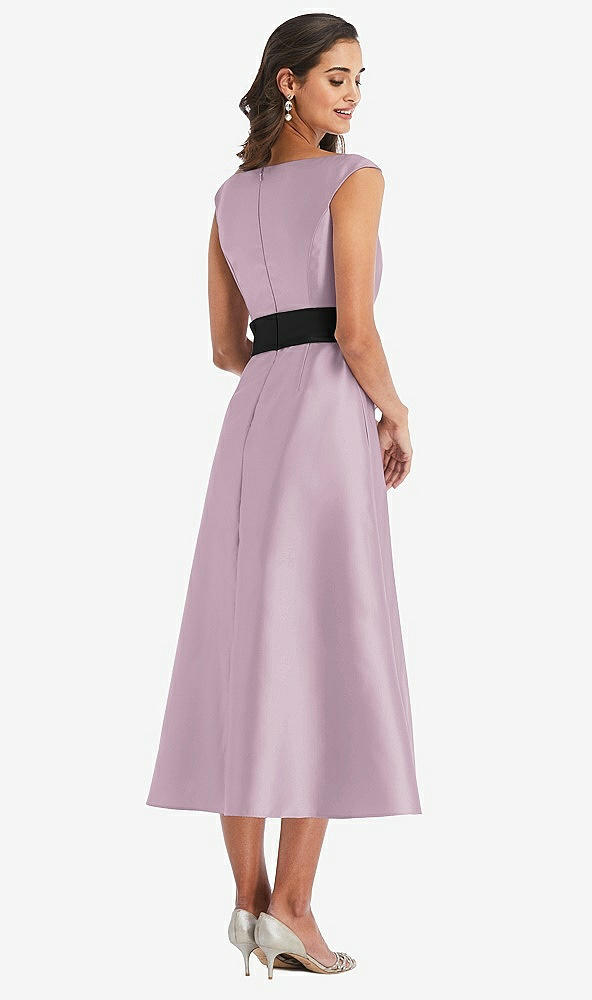 Back View - Suede Rose & Black Off-the-Shoulder Bow-Waist Midi Dress with Pockets