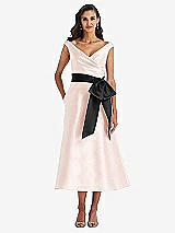 Front View Thumbnail - Blush & Black Off-the-Shoulder Bow-Waist Midi Dress with Pockets