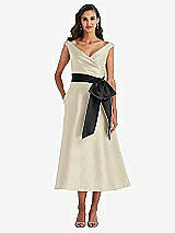 Front View Thumbnail - Champagne & Black Off-the-Shoulder Bow-Waist Midi Dress with Pockets