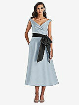 Front View Thumbnail - Mist & Black Off-the-Shoulder Bow-Waist Midi Dress with Pockets