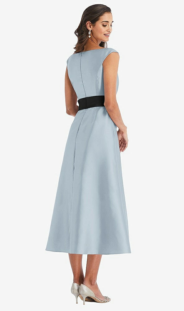 Back View - Mist & Black Off-the-Shoulder Bow-Waist Midi Dress with Pockets