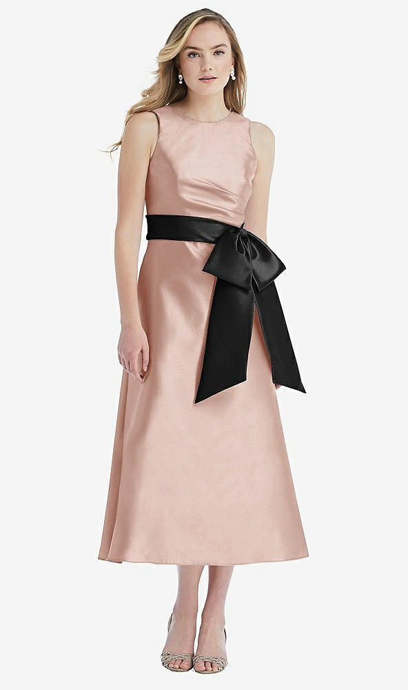 Front View - Toasted Sugar & Black High-Neck Bow-Waist Midi Dress with Pockets