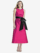 Front View Thumbnail - Think Pink & Black High-Neck Bow-Waist Midi Dress with Pockets