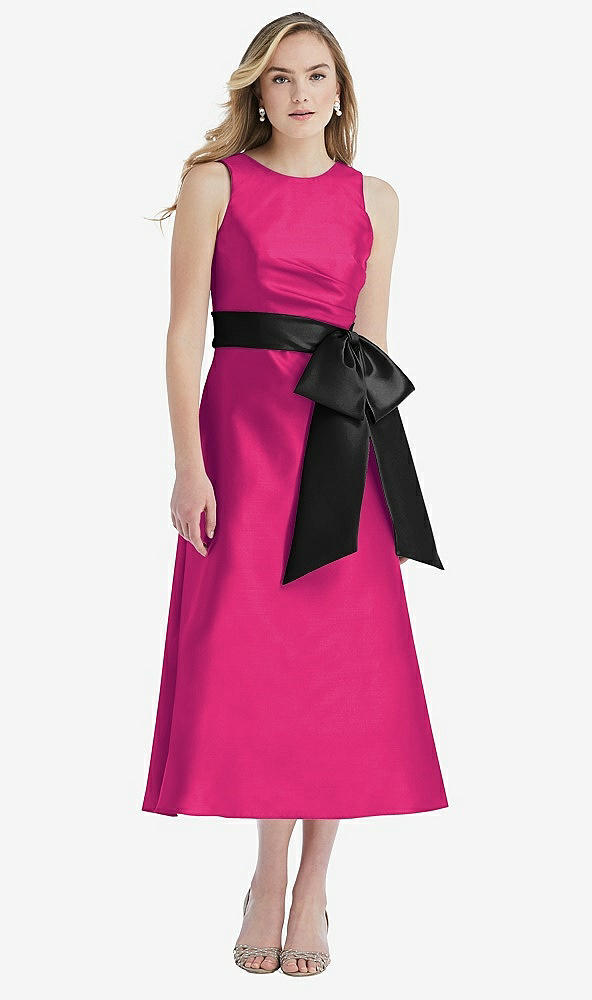 Front View - Think Pink & Black High-Neck Bow-Waist Midi Dress with Pockets
