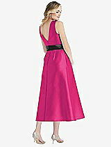 Rear View Thumbnail - Think Pink & Black High-Neck Bow-Waist Midi Dress with Pockets