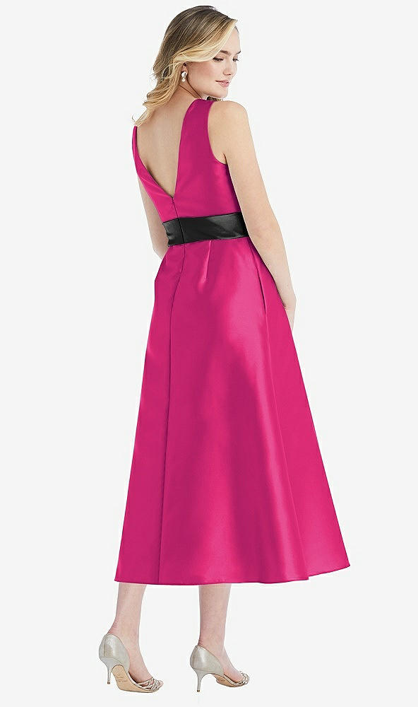Back View - Think Pink & Black High-Neck Bow-Waist Midi Dress with Pockets
