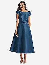 Side View Thumbnail - Dusk Blue Puff Sleeve Bow-Waist Full Skirt Satin Midi Dress