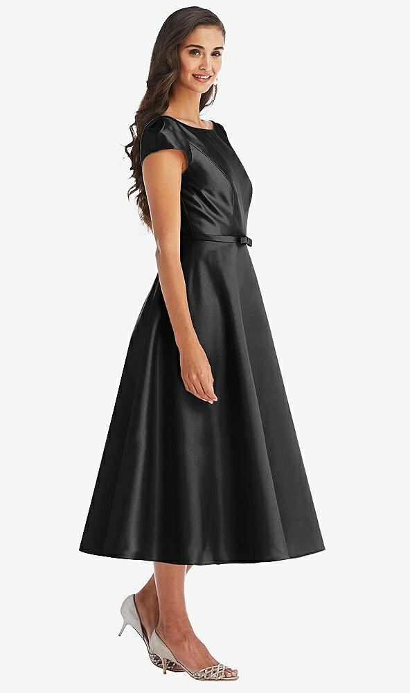 Front View - Black Puff Sleeve Bow-Waist Full Skirt Satin Midi Dress