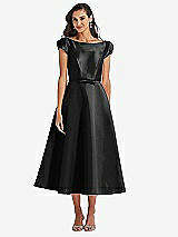 Side View Thumbnail - Black Puff Sleeve Bow-Waist Full Skirt Satin Midi Dress