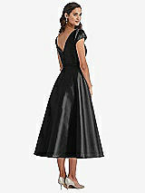 Rear View Thumbnail - Black Puff Sleeve Bow-Waist Full Skirt Satin Midi Dress