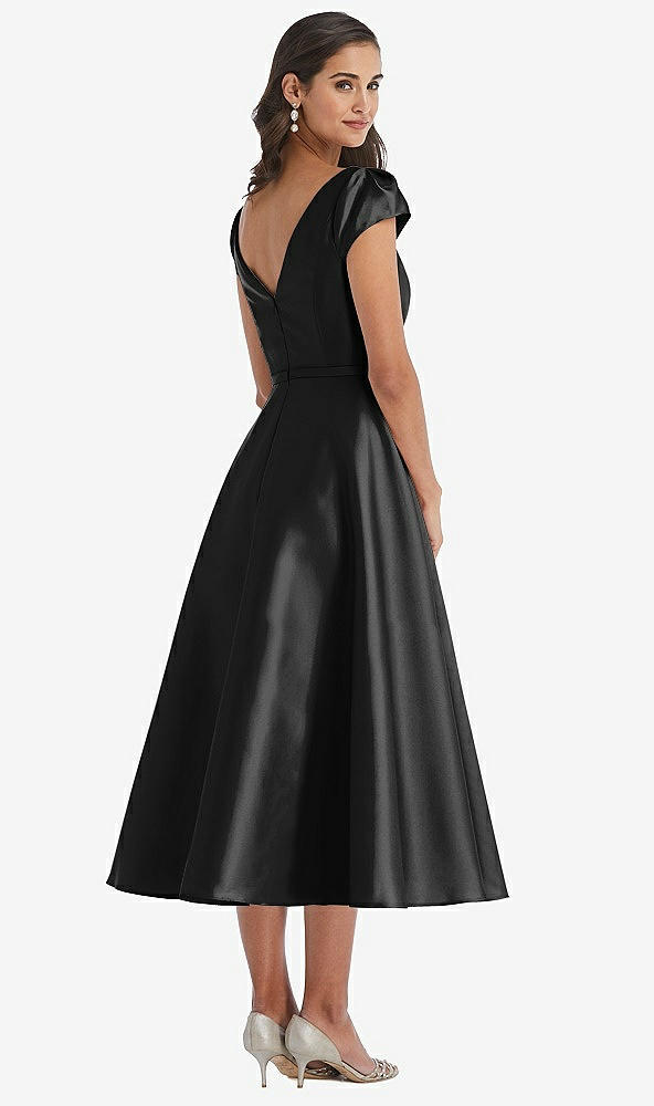 Back View - Black Puff Sleeve Bow-Waist Full Skirt Satin Midi Dress