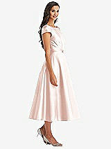 Front View Thumbnail - Blush Puff Sleeve Bow-Waist Full Skirt Satin Midi Dress