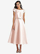 Side View Thumbnail - Blush Puff Sleeve Bow-Waist Full Skirt Satin Midi Dress