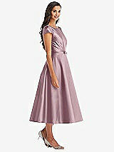 Front View Thumbnail - Dusty Rose Puff Sleeve Bow-Waist Full Skirt Satin Midi Dress