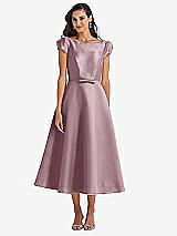 Side View Thumbnail - Dusty Rose Puff Sleeve Bow-Waist Full Skirt Satin Midi Dress