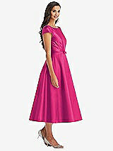 Front View Thumbnail - Think Pink Puff Sleeve Bow-Waist Full Skirt Satin Midi Dress