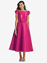 Side View Thumbnail - Think Pink Puff Sleeve Bow-Waist Full Skirt Satin Midi Dress