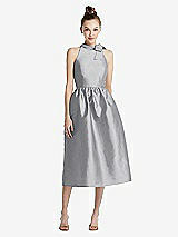 Front View Thumbnail - French Gray Bowed High-Neck Full Skirt Midi Dress with Pockets
