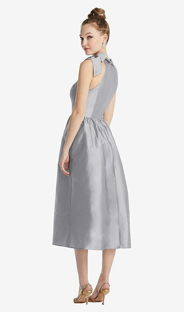 Back View - French Gray Bowed High-Neck Full Skirt Midi Dress with Pockets
