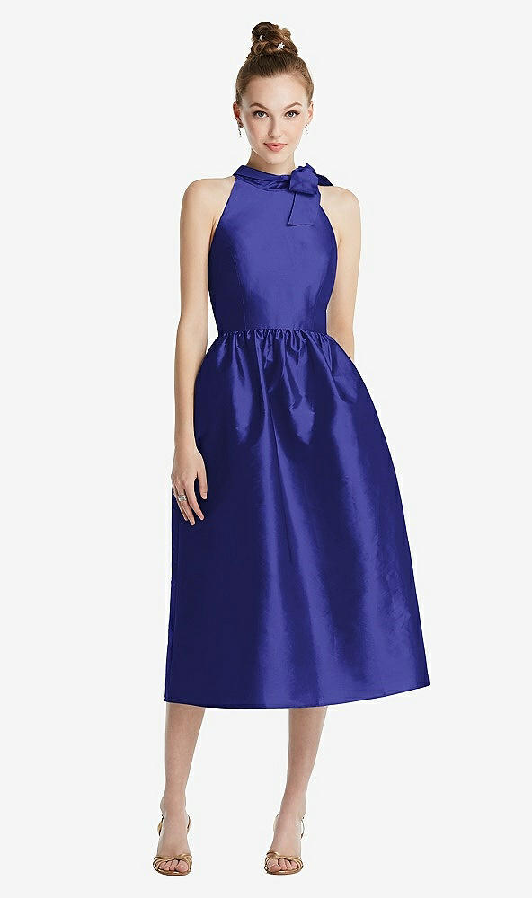 Front View - Electric Blue Bowed High-Neck Full Skirt Midi Dress with Pockets