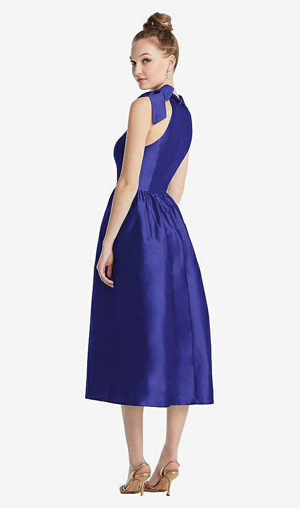 Back View - Electric Blue Bowed High-Neck Full Skirt Midi Dress with Pockets