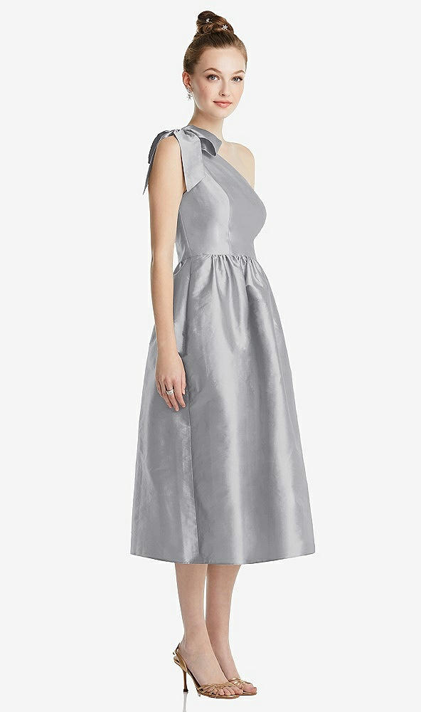 Front View - French Gray Bowed One-Shoulder Full Skirt Midi Dress with Pockets