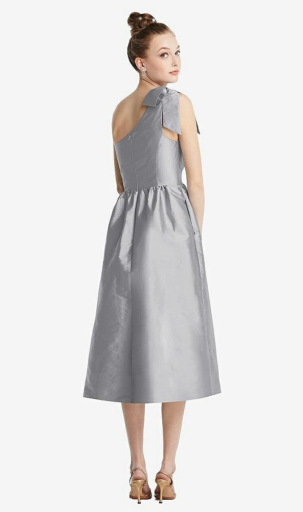 Back View - French Gray Bowed One-Shoulder Full Skirt Midi Dress with Pockets