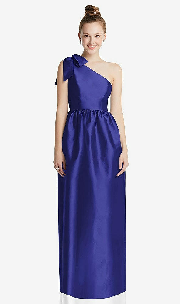 Front View - Electric Blue Bowed One-Shoulder Full Skirt Maxi Dress with Pockets