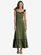 Front View Thumbnail - Olive Green Ruffled Convertible Sleeve Midi Dress