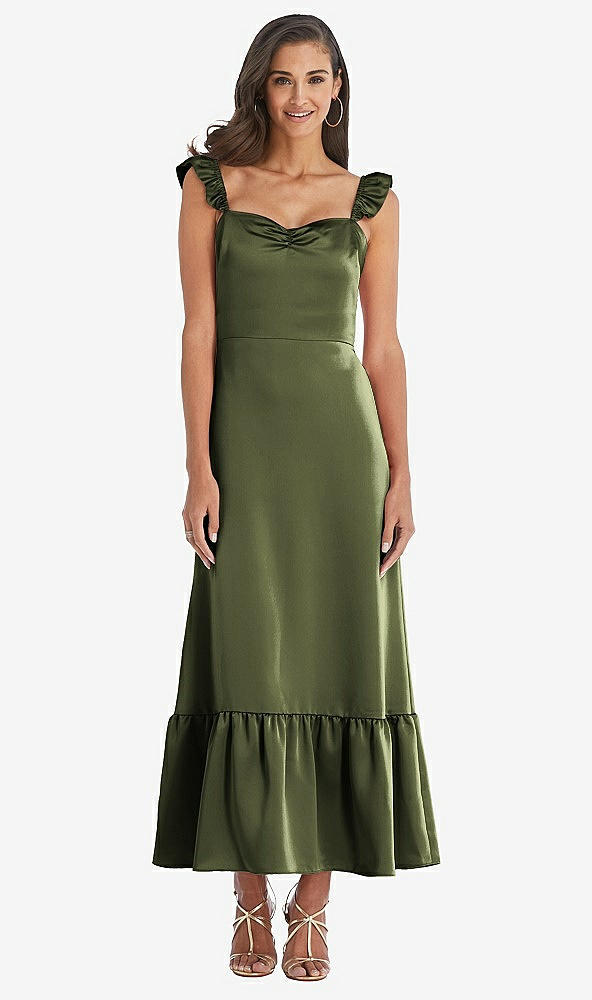 Front View - Olive Green Ruffled Convertible Sleeve Midi Dress