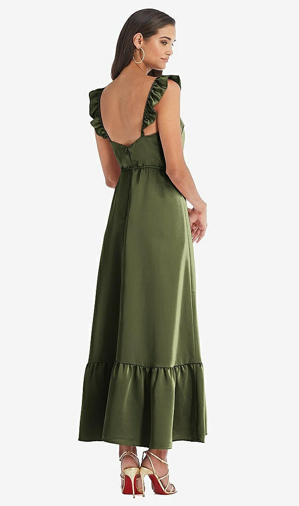 Back View - Olive Green Ruffled Convertible Sleeve Midi Dress