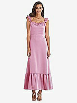 Front View Thumbnail - Powder Pink Ruffled Convertible Sleeve Midi Dress