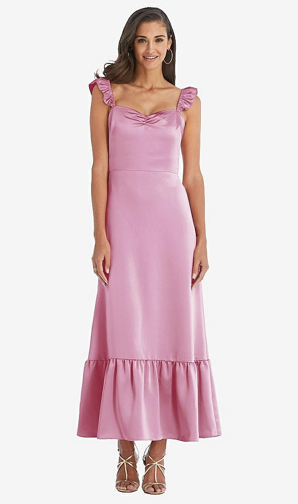 Front View - Powder Pink Ruffled Convertible Sleeve Midi Dress